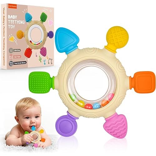 Azrra Baby Teething Toy, Silicone Teething Rattles Ring, BPA Free, Easy to Hold, Baby Sensory Toys 0 3 6 12 Months, Babies Essentials for Newborn Infant Gift