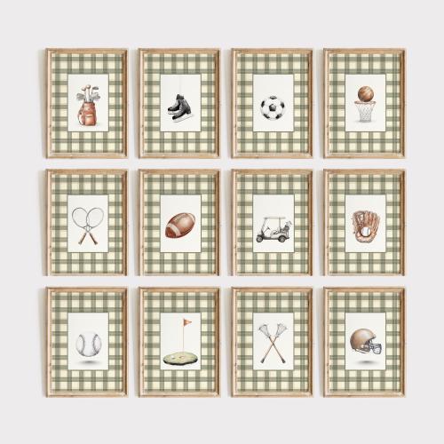 Sports Prints Set of 16 Vintage Style Green Illustrations, Baseball, Football, Golf, Hockey, Basketball, Soccer, Green Boys Room Nursery Art