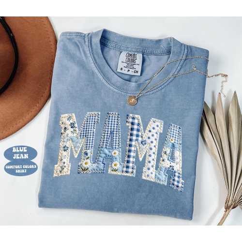 Comfort Colors® Floral Mama Blue Faux Patchwork Shirt, Expecting Mom Gift, Mama Crewneck Sweatshirt