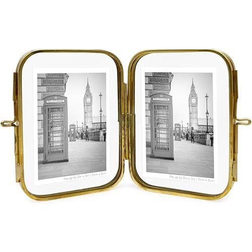 Isaac Jacobs 2x3 Vintage Style, Double-Sided Round-Edged Brass & Glass Metal Floating Picture Frame with Locket Closure (Vertical), Made for Tabletop Display (2x3, Antique Gold)