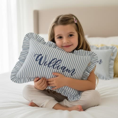 Personalized Embroidered Baby Name Pillow Cover – Custom Linen Nursery Cushion with Ruffles | Baptism, Christening, Baby Shower Gift