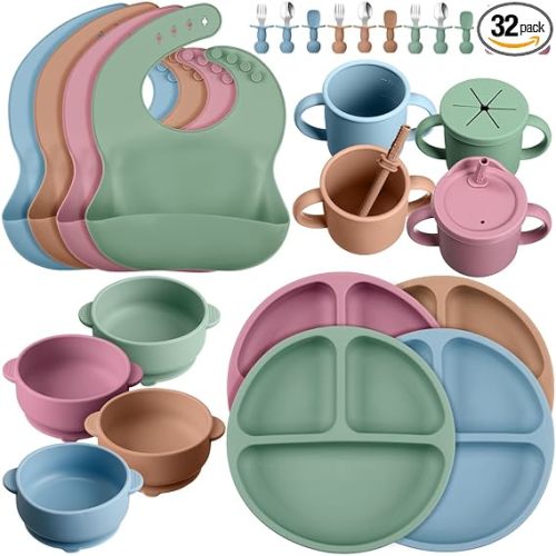 Yinder 32 Pack Silicone Baby Feeding Set Baby LED Weaning Supplies Includes Suction Divided Plates Soft Bowl Spoons Forks Adjustable Bib Snack Cup with Lid and Straws(Bright Color)