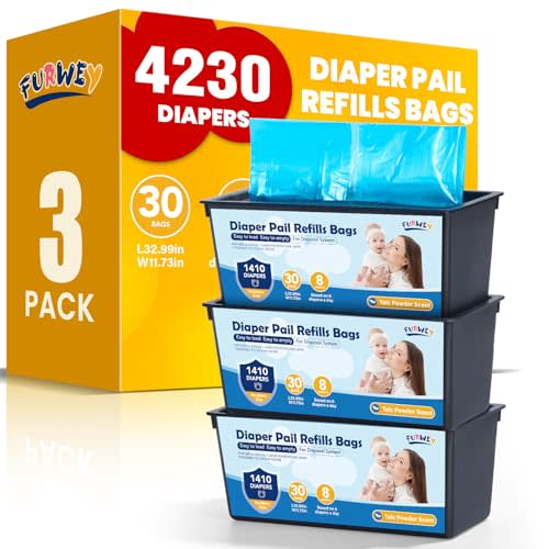 FURWEY Diaper Pail Refill Bags, 3-Pack (90 Bags), 30 Bags Per Refill | Compatible with Genie Easy Roll Signature Diaper Pails, Holds Up to 4230 Newborn Diapers, 7 Layer Odor Barrier, Scented