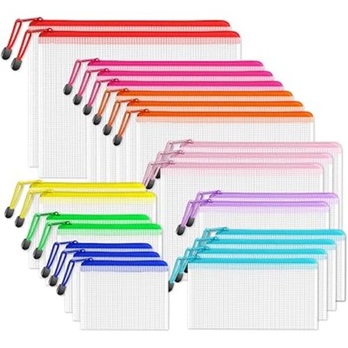 SUNEE Multisize Mesh Zipper Pouches (9 Colors, 24 Packs), Zip Bag for School Office Supplies, Puzzles & Games Organizing Storage