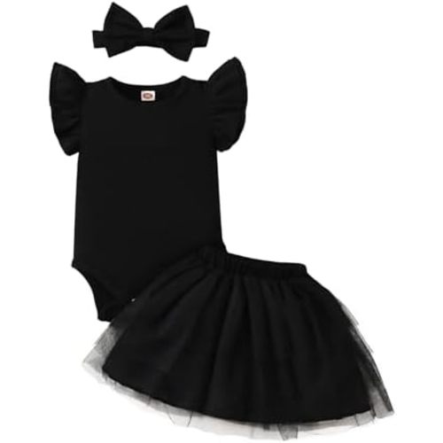 Newborn Solid Color Dress Bow Outfit Baby Girl Ruffle Sleeve Romper Dress Infant Jumpsuit Tutu Skirt Set Clothes
