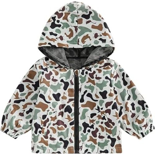 Toddler Boys Windbreaker Jacket Lightweight Zip Up Hooded Rain Coat | Camo Duck Hunting Jacket, Zipper Hooded Outerwear, Long Sleeve Raincoat, Kids Camouflage Rain Coat, Spring Fall Clothes
