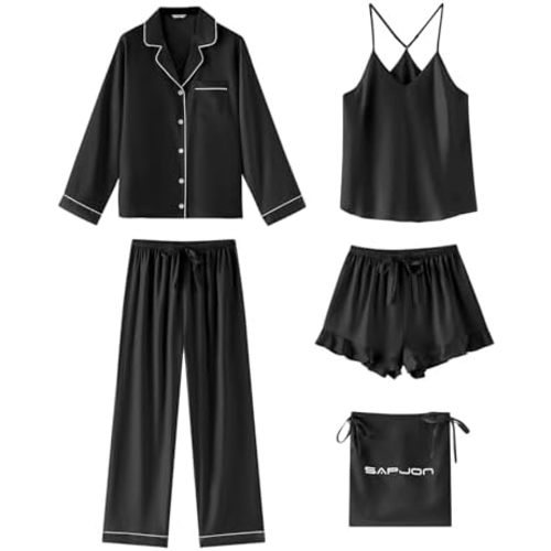 SAPJON Satin Silk Pajamas for Women Set 5PCS Classic Button Down Pajamas Top and Pants Cami and Ruffle Shorts Sleepwear