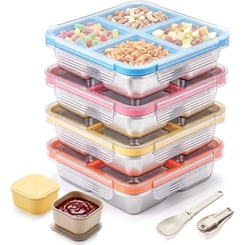 4 Pack Stainless Steel Snack containers, Leak-Proof, 4 Compartments, 3 Cups