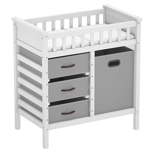 BABY JOY Wooden Baby Changing Table, Diaper Changing Station with 3 Storage Drawers, Laundry Hamper, Waterproof Changing Pad & Safety Belt, Modern Nursery Furniture for Daycare Bedroom (Gray)