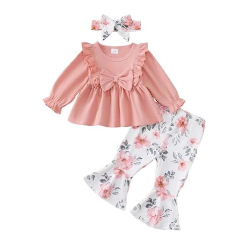 Toddler Baby Girl Clothes Fall/Winter Girls Outfits Ruffle Long Sleeve Tops Floral Flared Pants Girls' Clothing Sets