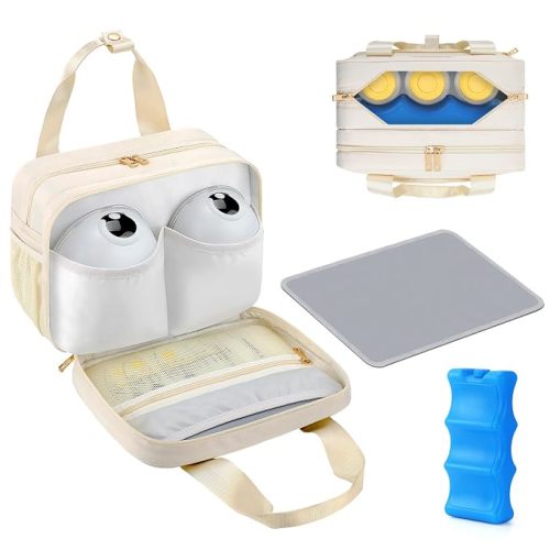 Breastmilk Cooler Travel Bag with Ice Pack, Compatible with Wearable Breast Pumps & Accessories - Portable Hands Free Breast Pump Carrying Case for Nursing & Working Moms, Cream