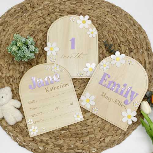 Daisy Baby Name Sign, Engraved Plywood Birth Announcement