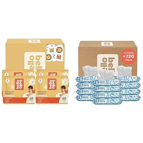 Hello Bello Diapers, Size 2 (10-16 lbs) Wild Cats, 120 Count Value Pack of Premium Disposable Baby Diapers, Hypoallergenic with Soft, Cloth-Like Feel + Extra Gentle Unscented Baby Wipes, 720 Count