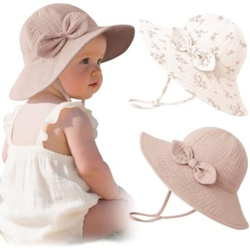 Konssy 2-Pack Muslin Baby Sun Hats for Girls with Bows, UPF 50+