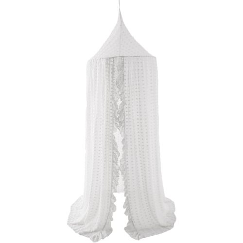 Wonder Space Elegant Kids Bed Canopy - Lace Chiffon Netting with Pom Pom, Princess Girls Fairy Dream Tent, Nursery Room Baby Crib Hanging Curtain Mosquito Net Children Reading Nook Decoration (White)