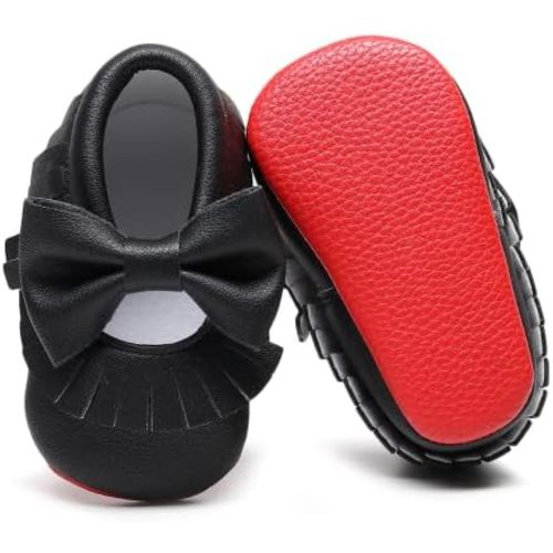 Bebila Double Bow Fringe Baby Moccasins - Soft Sole Baby Shoes Girls Toddler Crib Flats