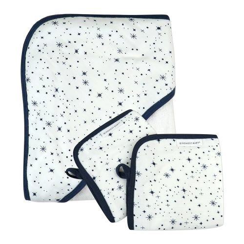 HonestBaby Unisex Baby 3-Piece Organic Cotton Hooded Towel & Washcloth Set, Twinkle Star White/Navy, One Size