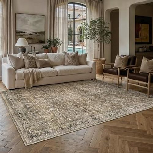 HUGEAR Area Rug 6x9 Vintage Brown Machine Washable Living Room Rugs Distressed Retro Floral Mid Pile Carpet Soft Thicker Carpet Bedroom Office Dining Room Laundry Room Non Slip Soft