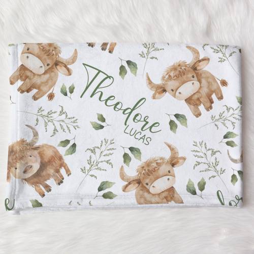 Custom Highland Cow Baby Name Blanket Personalized Farm Swaddle Hospital Blanket New Mom Gift Newborn Gift Baby Shower Gift Toddler Blanket