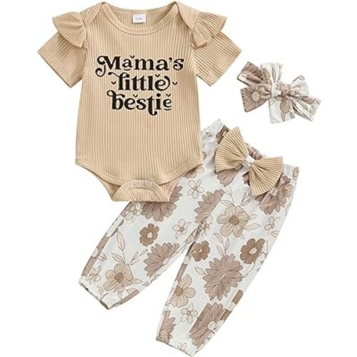 Adobabirl Newborn Baby Girl Clothes Short Sleeve Ribbed Romper Onesie Bowknot Floral Pants Headband 3Pcs Clothing Set