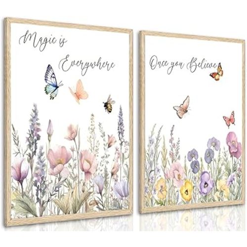 2Pcs Wildflower Nursery Wall Art Floral Botanical Sentence Painting Picture Wall Decor Flower Girl Nurseries Poster Print Artwork Boho Baby Room Girl room Living Room Bedroom Home Decoration Unframed