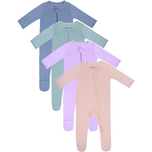 Jimonda Baby Boy Romper 4-Pack - Bamboo Zip-Up Pajamas for 0-24 Months,Unisex Footed Sleepers,Ultra-Soft Stretchy Fabric