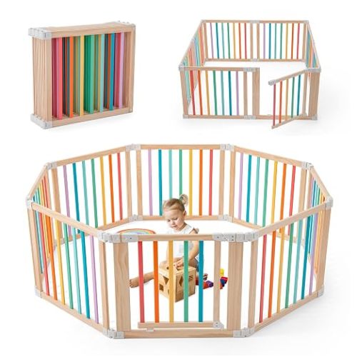 Baby Wooden Playpen, Foldable Shape & Size Adjustable Playpen for Toddler and Babies, Wood Baby Play Yard with Locking Gate, Large Pack and Play for Play Area Indoor(Multicolor, 8 Panel)