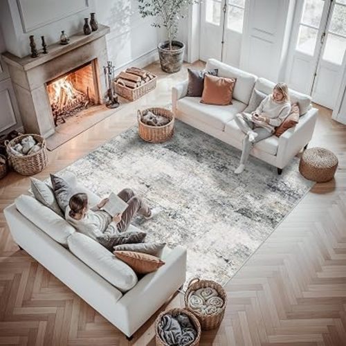 7x7 Area Rug Square Living Room: Abstract Washable Rug for Bedroom Bluegrey