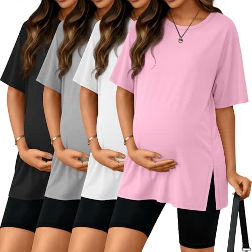 Riyiper 4 Pack Women's Short Sleeve Maternity T Shirts | Crew Neck Split Side Pregnancy Tops, Loose Fit Stretchy Pregnancy Clothes, Summer Casual Maternity Outfits, Daily Mama Tees
