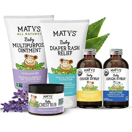 Matys Baby Essentials Kit, for Newborn Parents or Baby Registry Gift, All of Our Favorite Baby Care in One: Chest Rub, Multipurpose Ointment, Diaper Rash Relief, USDA Organic Baby Cough Syrups, 5 pcs