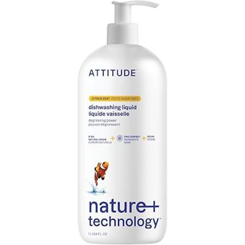 ATTITUDE Dish Soap, EWG Verified, Plant-Based & Vegan Dishwashing Liquid, Naturally Derived, Citrus Zest Scent, 33.8 Fl Oz