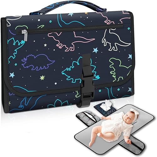 Pink Portable Changing Pads- Waterproof Foldable Baby Changing Mat Dinosaur Pattern Diaper Changer Travel Bag, Smart Design Baby Changing Mat, Great for Newborn Girls & Boys & for Travel