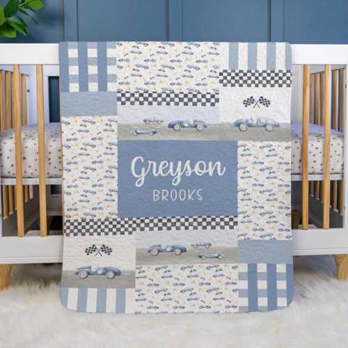 Race Car Baby Quilt, Personalized Baby Race Car Quilt, Optional Bundle with Sign, Race Car Quilted Blanket, Blue Race Car Nursery, T56
