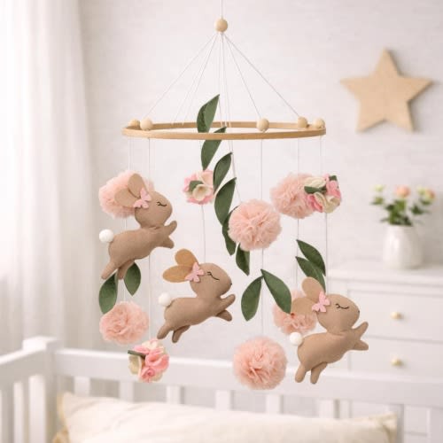 Blush Bunny Nursery, Handmade Felt Rabbit Crib Mobile, Floral Baby Room Decor, Baby Shower