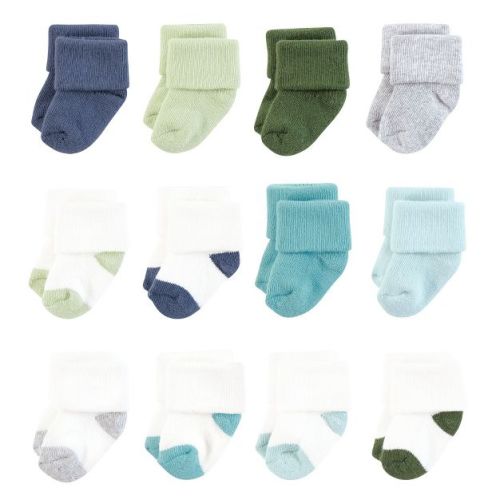 Hudson Baby Infant Boy Cotton Rich Newborn and Terry Socks, Blue Green Heel Toe