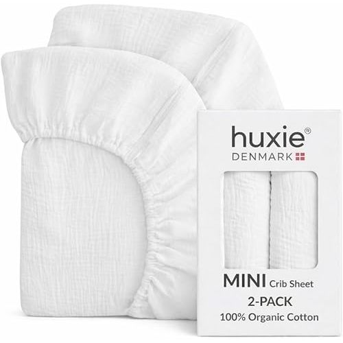 Huxie Mini Crib Sheets - Organic Cotton Muslin Fitted MINI 24"x 38" Crib Sheet for Pack and Play - Ultra-Soft and Breathable for Boys and Girls(2-Pack White)