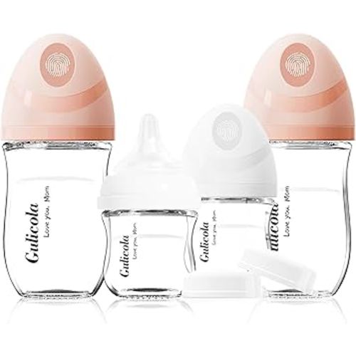 Gulicola Natural Glass Baby Bottles Set 4 Pack, Newborn Girl Breastfeeding Bottles with Slow Flow Nipples, 0 Months+, 3 oz & 5 oz - Pink