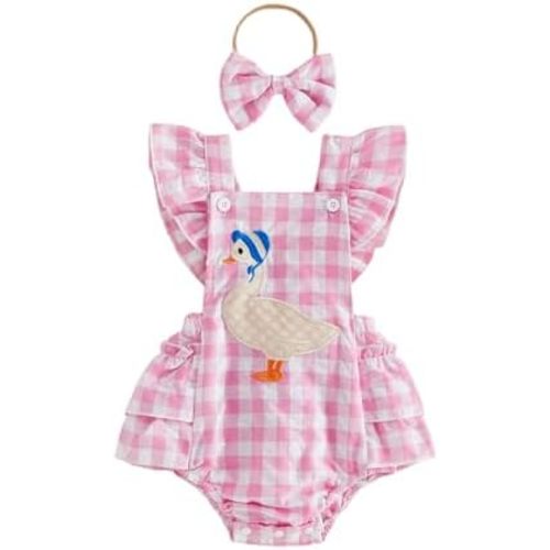 Baby Girl Summer Romper Goose Outfit Newborn Ruffle Overalls Sleevless Plaid Bodysuit Headband Infant Farm Clothes