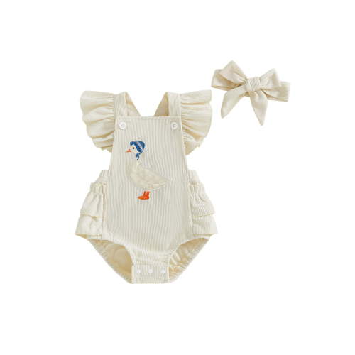 BemeyourBBs Baby Girl Goose Outfit Flying Sleeve Corduroy Overalls Romper Headband