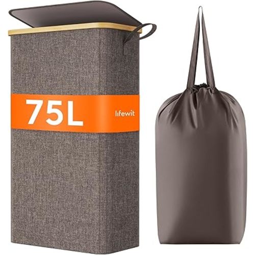 Lifewit 75L Slim Laundry Hamper with Lid and Removable Bag, Brown
