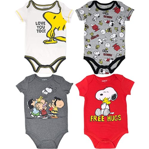 Peanuts Snoopy Baby Boys' 4 Pack Bodysuits - Charlie Brown Woodstock Joe Cool - Peanuts '20 - 0-3 Months