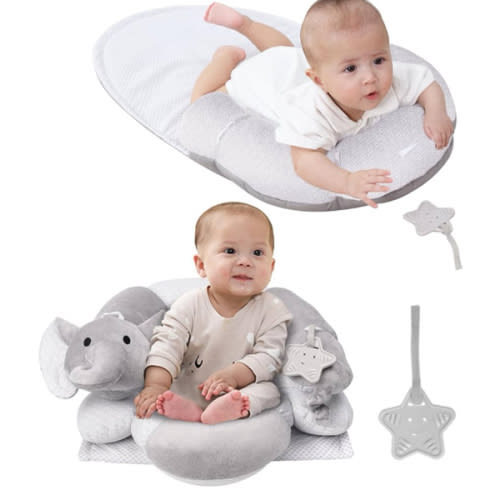 Lovvie & Joy 2-in-1 Tummy Time Mat & Seated Support Pillow,Baby Tummy Time Pillow Support for Newborns and Older Babies,with Detachable Support Pillow and Toys Elephant