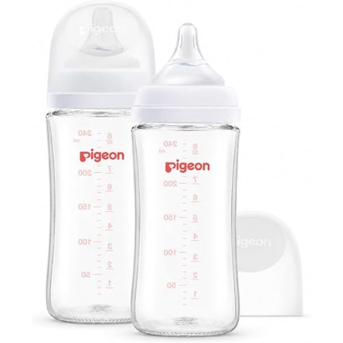 Pigeon Glass Nursing Bottle Wide Neck, Anti-Colic, Streamlined Body, Natural Feel, Easy to Clean, Heat-Resistant, 8.1 Oz (Pack of 2), Includes 2pcs M Nipples (3m+)
