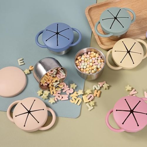 2 Pack Stainless Steel Spill Proof Snack Cup for Baby Toddlers Kids, with Silicone Food Catcher, Travel Lid, Spill-Proof Bowl Containers, Non Toxic BPA Free (Morandi Blue and Off-white)