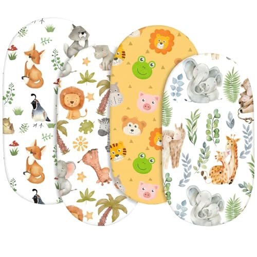 4 Pack Stretch Soft Baby Bassinet Sheet for Girls, Boys, Breathable Cozy Animal Crib Sheets Fit for Hourglass Oval Rectangle, Bedside Sleeper Bassinet Sheets