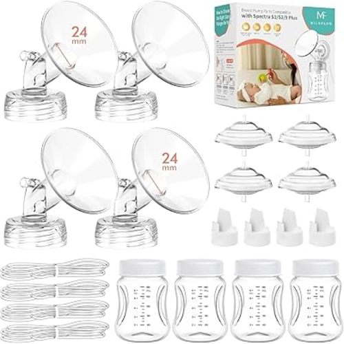 4PCS 24mm Flanges Breast Pump Parts Replacement Kit for Spectra S1/S2/S9 Plus/Synergy Gold – Includes Duckbill Valves, Backflow Protectors, Tubes & Bottles (Not Original Accessories)