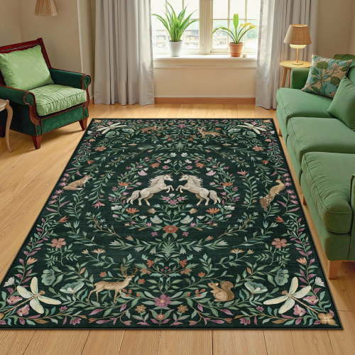 Moynesa 5'x7' Washable Fantasy Garden Area Rugs for Living Room, Vintage Botanical Unicorn Rugs for Bedroom, Victorian Accent Carpet for Nursery Playroom, Dark Green