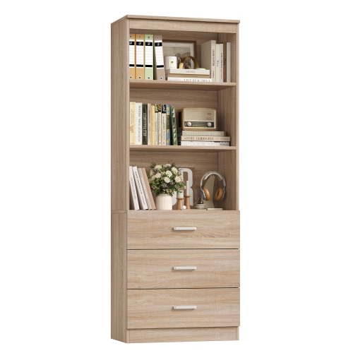 Homfa 71" Tall Bookcases with 3 Large Drawers, 3 Tier Wooden Storage Bookshelf for Living Room Home Office, Oak