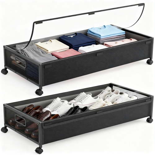 cisilov Under Bed Storage Containers with Wheels, 2 Pack Underbed Shoe Storage Organizer with Clear Lids, Rolling Under Bed Metal Drawers for Clothes, Blankets, Black