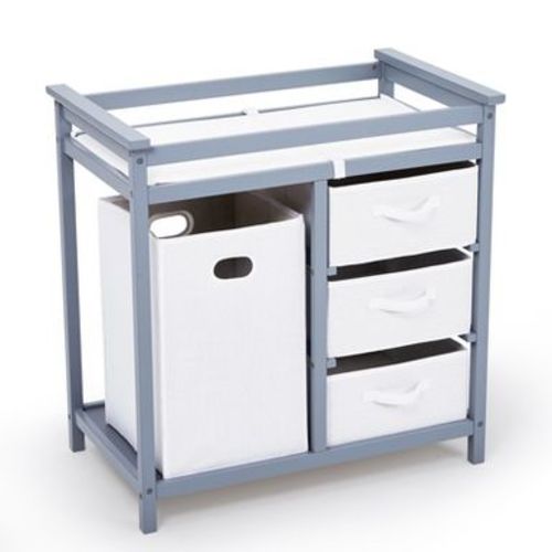 Baby Changing Table with Laundry Hamper, 3 Drawers - Solid Wood Nursery Dresser Supports 40 Lbs, with Safety Strap, Waterproof Pad, Storage Organizer